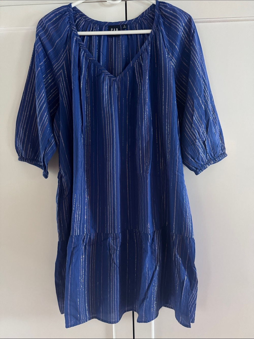GAP Royal Blue Metallic-Striped V-Neck Mini Dress